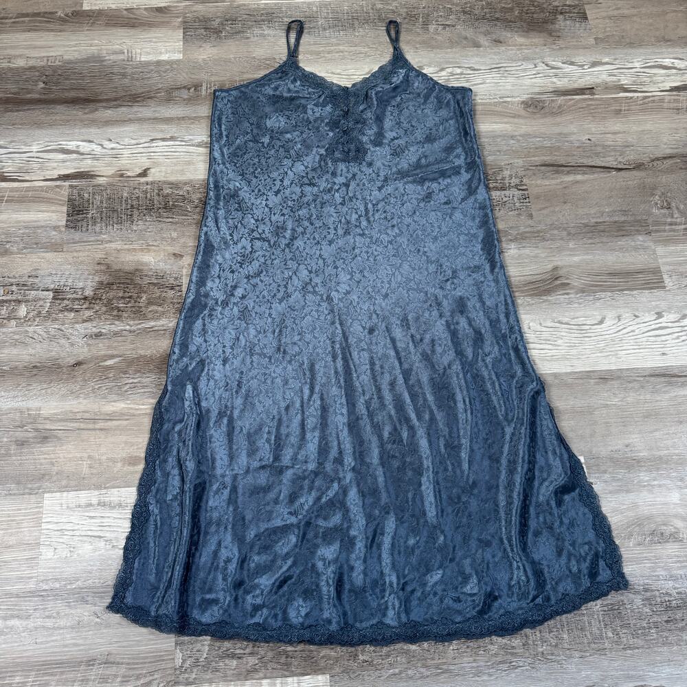 Vintage 90s Y2K Blue Floral Lace Slip Dress Nightgown Coquette Romantic Lounge